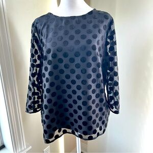 Talbots NWT black velvet dots burnt out lined sheer 3/4 sleeves top size L